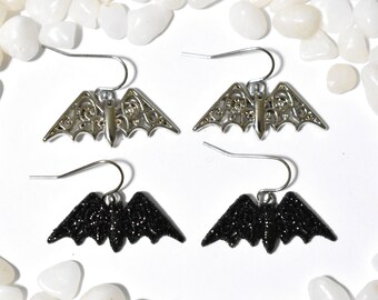 Bat Earrings, Silver or Black Bat Earrings, Animal Earrings, Bat Jewelry, Halloween Jewelry, Halloween Earring, Black Glitter Bat, CE940