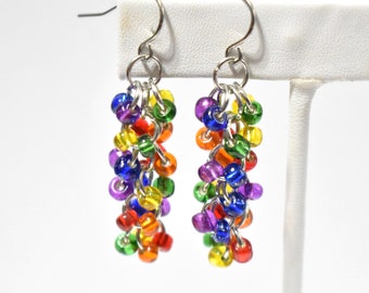 Rainbow Earrings, Rainbow Cluster Earrings, Rainbow Chainmaille Earrings, Rainbow Pride Earrings, Beaded Shaggy Loops Earrings, LGBTQ, CM7