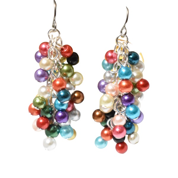 Colorful Pearl Cluster Earrings, Multicolor Pearl Earrings, Rainbow Pearl Cluster Earrings, Lightweight Pearl Earring, Clip On Earring, CL24