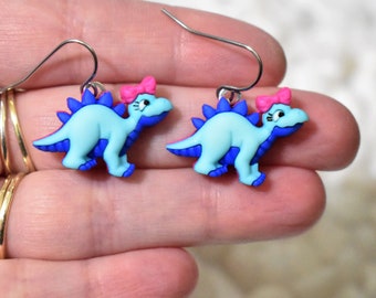 Dinosaur Earrings, Blue & Pink Dinosaur Earrings, Stegosaurus Earring, Animal Earring, Dino Earrings, Dinosaur Jewelry, Dino Jewelry, CE457