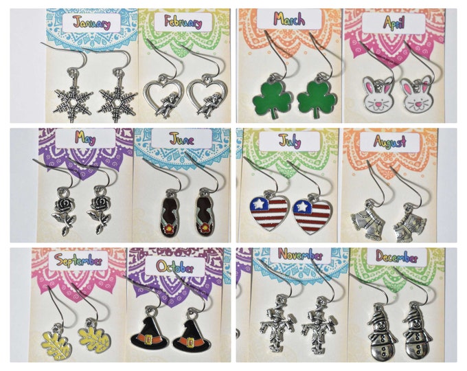 12 Pairs Monthly / Holiday Charm Earrings, Holiday Earrings, Monthly