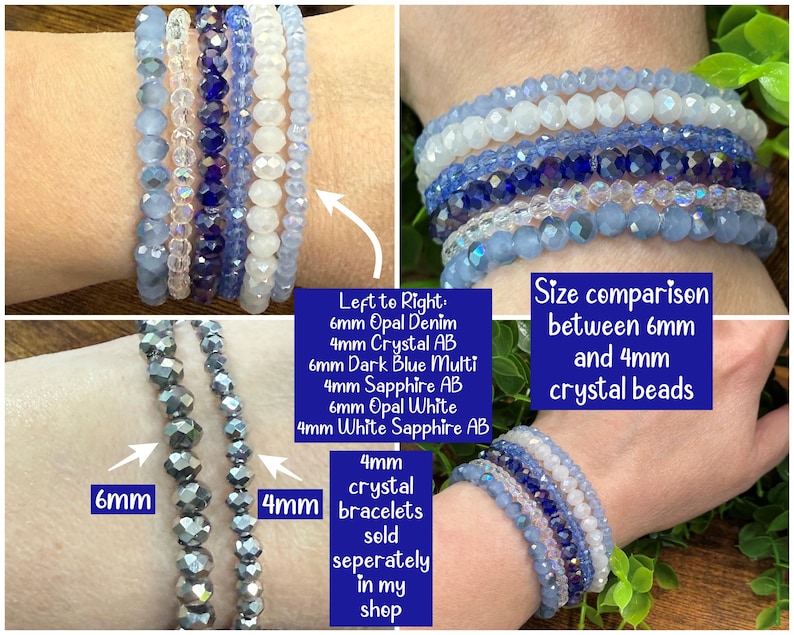 Peut inclure: Une collection de bracelets de perles avec des perles en cristal de 6mm et 4mm dans des tons de bleu, blanc et saphir. Les &eacute;tiquettes indiquent : 6mm Opal Denim, 4mm Crystal AB, 6mm Dark Blue Multi, 4mm Sapphire AB, 6mm Opal White, 4mm White Sapphire AB.