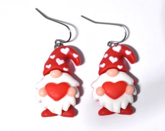 Heart Gnome Earrings, Red & White Heart Gnome Earrings, Heart Earrings, Valentine Earrings, Gnome Earrings, I Love Gnomes, Gnome Gift, BE222