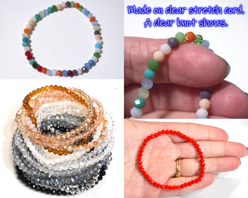 May include: A collection of stretch bracelets made from small, faceted, multi-colored glass beads. The bracelets are strung on clear stretch cord with a visible knot. The beads come in various solid colors including red, orange, blue, and clear.