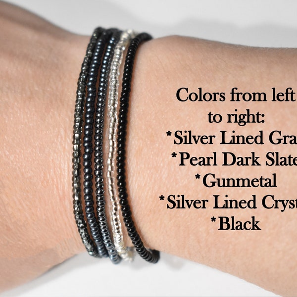 Black Bracelet Set, 11/0 Seed Bead Stretch Bracelets, 5 Bracelet Set, Stackable Bracelets, Beaded Stack Bracelets, Seed Bead Bracelet, SB2