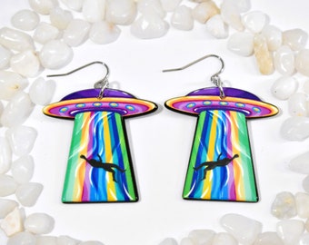 UFO Earrings, Alien Earrings, Colorful Alien Abduction Earrings, Alien Jewelry, Outer Space Earrings, Sci Fi Earrings, Space Jewelry, BE110