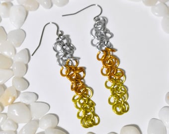 Long Candy Corn Earrings, Silver, Orange & Yellow Jump Ring Earrings, Chainmaille Earrings, Chain Mail Earrings, Shaggy Loops Earrings, CM34