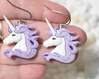 Purple Unicorn Earrings, Glitter Unicorn Earrings, I Love Unicorns, Unicorn Jewelry, Unicorn Lover Gift, Fantasy Earrings, Fairy Tale, CE704