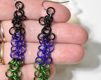 Long Witch Earrings, Black Purple & Green Jump Ring Earrings, Chainmaille Earrings, October Chain Mail Earrings, Shaggy Loops Earrings, CM36