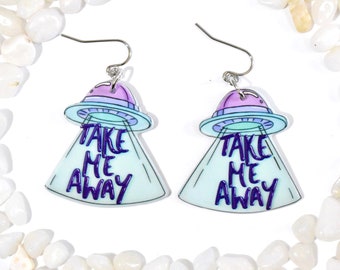 UFO Earrings, Alien Earrings, Alien Abduction Earrings, Alien Jewelry, Take Me Away Earrings, Outer Space Earrings, Sci Fi Earrings, BE111