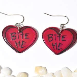 Bite Me Earrings, &quot;Bite Me&quot; Heart Earrings, Vampire Earrings, Vampire Jewelry, Halloween Earrings, Halloween Jewelry, Bite Me Jewelry, BE160