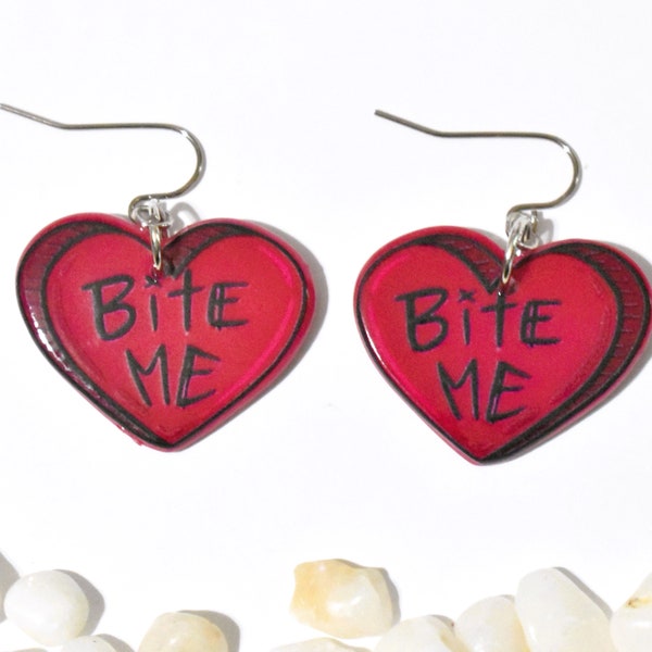 Bite Me Earrings, "Bite Me" Heart Earrings, Vampire Earrings, Vampire Jewelry, Halloween Earrings, Halloween Jewelry, Bite Me Jewelry, BE160