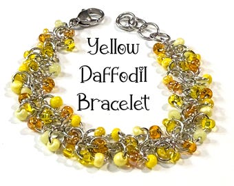 Yellow Daffodil Bracelet, Yellow and Orange Bracelet, Seed Bead Bracelet, Beaded Cluster Bracelet, Shaggy Loops Bracelet, CMB10