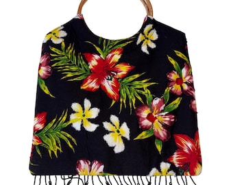 Rare VNTG 80s/90s Joy Wenger Tiki Hawaiian Beaded Fringe Bag Wooden Handle