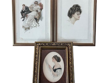Lot de 3 gravures anciennes de Harrison Fisher, 1908, 1909, encadrées, art nouveau édouardien