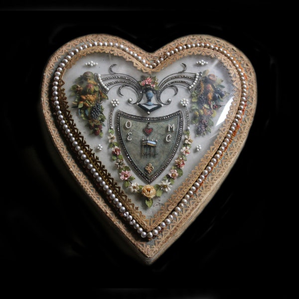 MercurysMoon-Rare & Unusual Antique  Heart Box Reliquary From France 1830's-Pearls, Marcasites, Flowers, M.O.P.