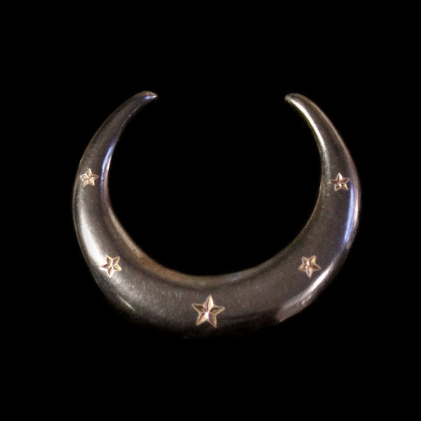 Victorian Niello Crescent Moon Brooch -Black w Tiny Gold Stars