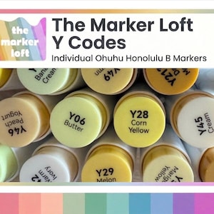 May include: A collection of Ohuhu Honolulu B markers with yellow-toned caps. The image features the text The Marker Loft Y Codes and Individual Ohuhu Honolulu B Markers. Each marker cap displays a specific colour code and name like Y06 Butter.