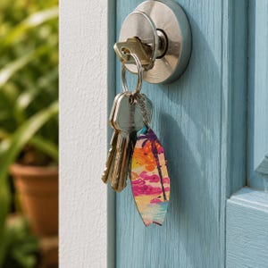 May include: A set of keys hanging from a door lock, with a colorful surfboard-shaped keychain. The keychain features a sunset scene with a palm tree, clouds, and vibrant hues of orange, pink, and blue. The door is painted a light blue color.