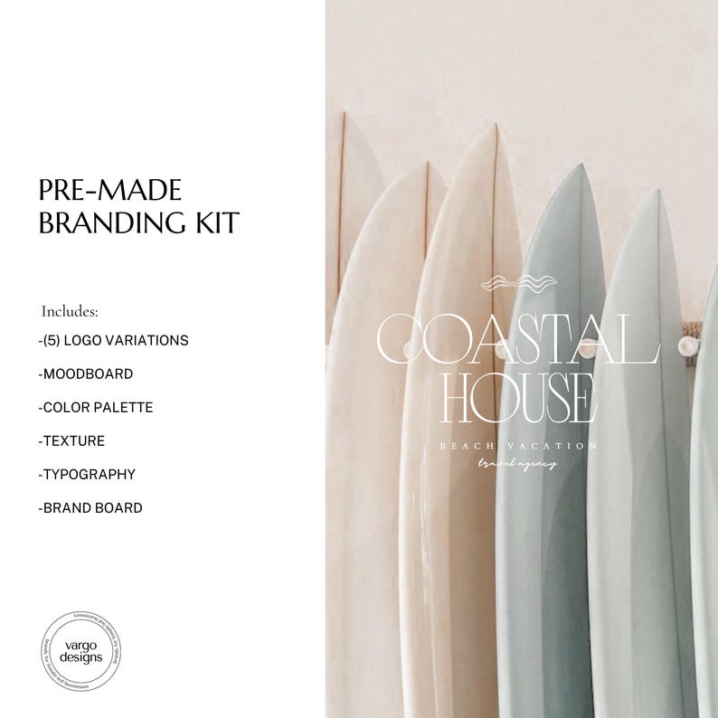 May include: A pre-made branding kit with the text "COASTAL HOUSE" and "BEACH VACATION travel agency" on a light background. The image includes surfboards in various shades of white and blue. The kit includes logo variations, mood board, color palette, texture, typography, and brand board.