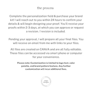 May include: White background with the text "the process" at the top. The text describes the steps for brand kit customization, including proofing and revisions. The Vargo Designs logo is at the bottom.