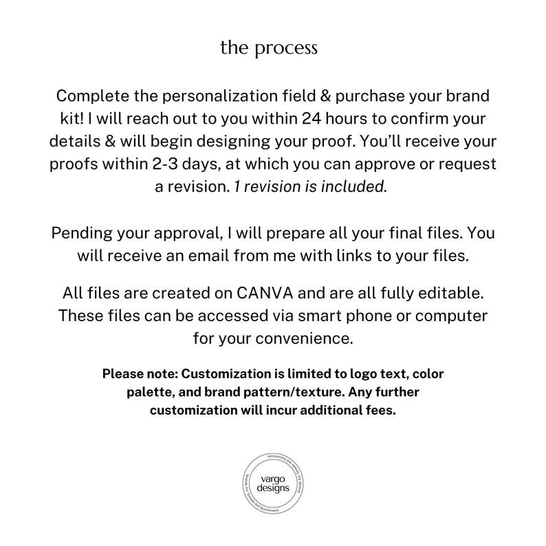 May include: White background with the text "the process" at the top. The text describes the steps for brand kit customization, including proofing and revisions. The Vargo Designs logo is at the bottom.