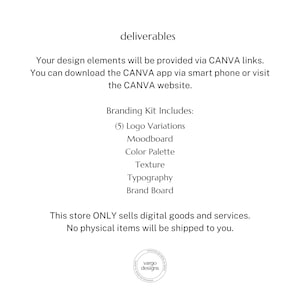 May include: White background with black text listing deliverables for a branding kit. Includes logo variations, mood board, color palette, texture, typography, and brand board. The store only sells digital goods.