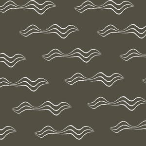 May include: A repeating pattern of white, wavy lines on a dark olive-green background. The lines resemble stylized clouds or waves, creating a simple, yet dynamic design. The pattern is evenly spaced and covers the entire surface.