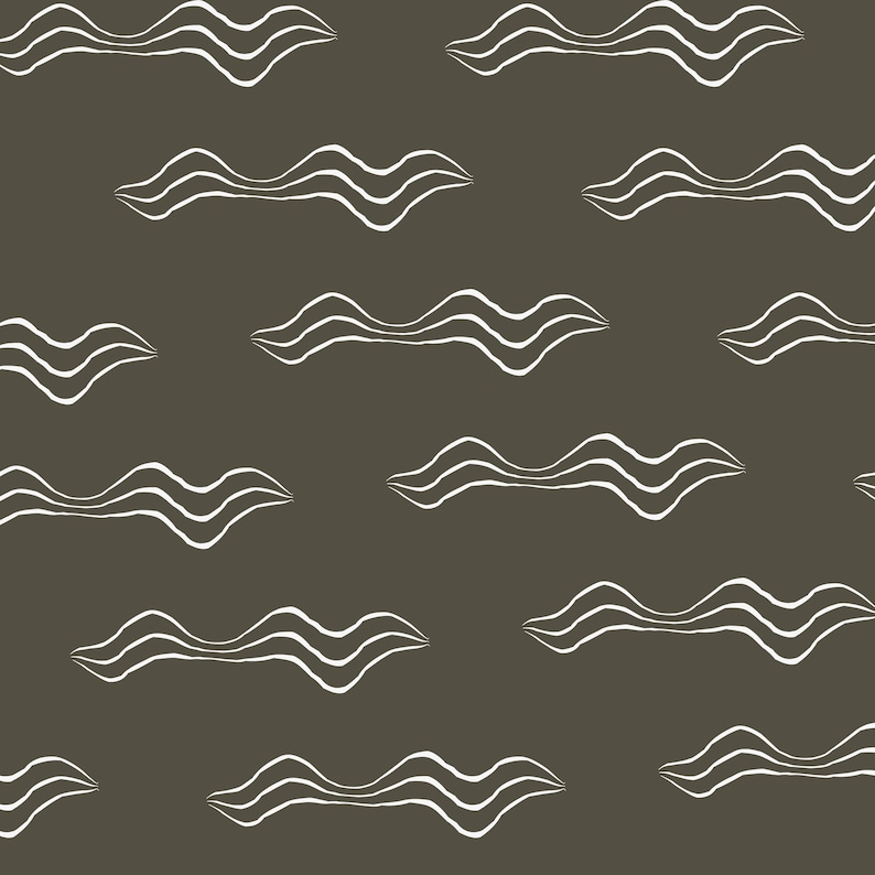 May include: A repeating pattern of white, wavy lines on a dark olive-green background. The lines resemble stylized clouds or waves, creating a simple, yet dynamic design. The pattern is evenly spaced and covers the entire surface.