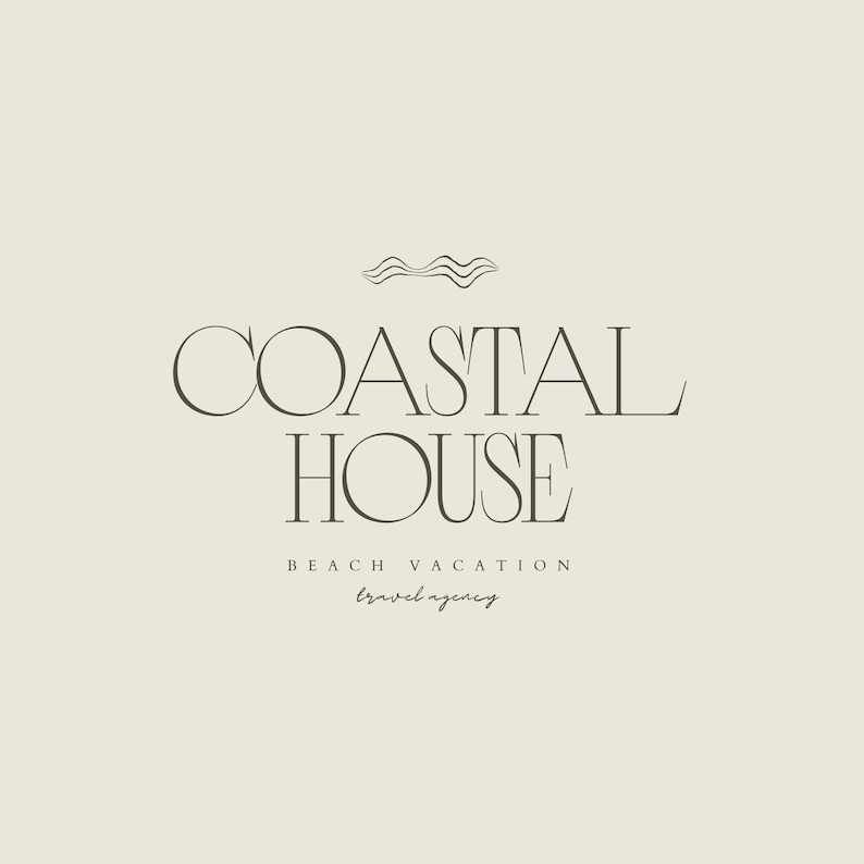 May include: A minimalist logo design featuring the words "COASTAL HOUSE" in a serif font, with "BEACH VACATION" and "travel agency" below. The logo includes a wave graphic above the text, all in a muted brown color.