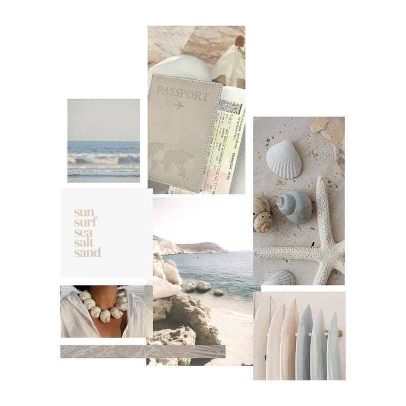 May include: A beach-themed collage featuring a passport, seashells, a starfish, and surfboards. The image includes a seascape, a necklace, and text that reads "sun surf sea salt sand."