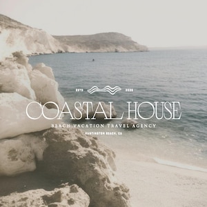 May include: A scenic coastal landscape with the text "COASTAL HOUSE" in a serif font. The image includes the text "BEACH VACATION TRAVEL AGENCY" and "HUNTINGTON BEACH, CA". The image also includes the text "ESTD" and "2020".