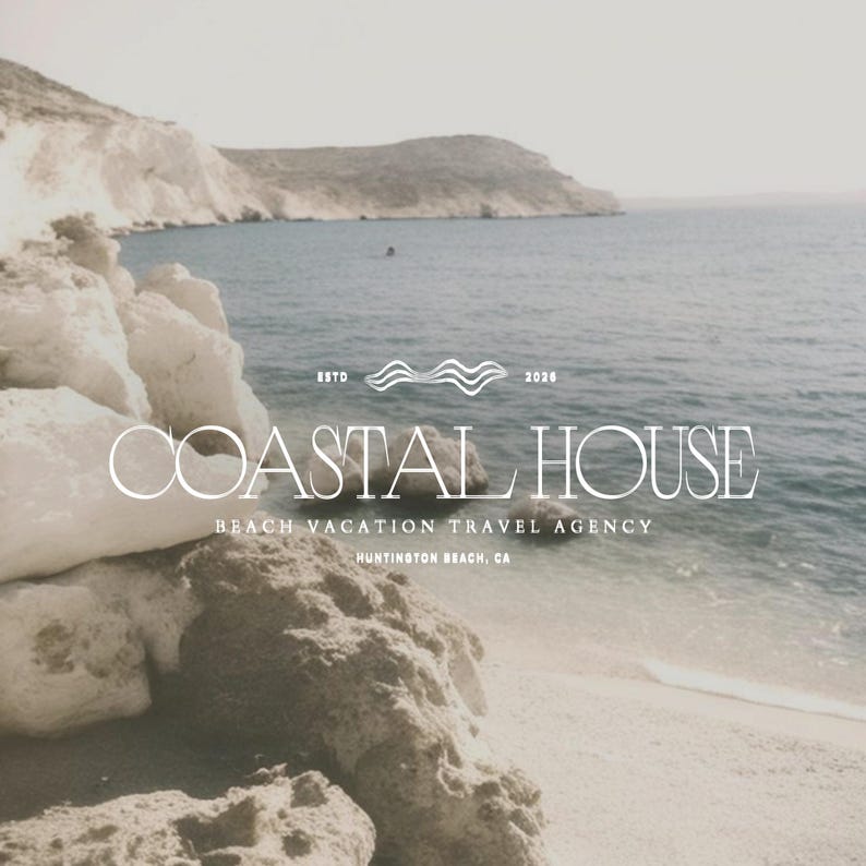 May include: A scenic coastal landscape with the text "COASTAL HOUSE" in a serif font. The image includes the text "BEACH VACATION TRAVEL AGENCY" and "HUNTINGTON BEACH, CA". The image also includes the text "ESTD" and "2020".