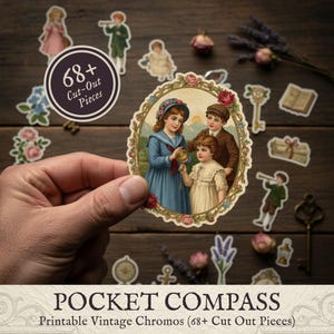Op de afbeelding: Een verzameling van 68+ papieren uitknipsels in vintage-stijl met illustraties van kinderen, bloemen, sleutels en boeken. Eén ovaal stuk toont drie kinderen in historische kleding, omlijst door een decoratieve bloemenrand met gouden accenten.