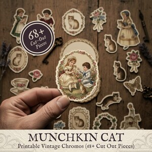 May include: A selection of vintage-style cut-out images, including cats, children, and floral designs, arranged on a wooden surface. The text "MUNCHKIN CAT" and "68+ Cut-Out Pieces" are displayed, offering a nostalgic aesthetic.