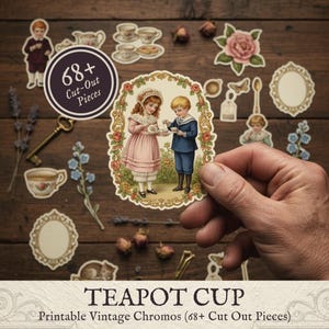 Vintage tekanna med kromolitografi, efemera-paket | Utskrivbara utklippta bilder