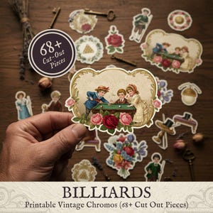 May include: A collection of vintage-style cut-out pieces with a billiards theme. The image features a central illustration of children playing billiards, surrounded by floral and decorative elements. The text reads "BILLIARDS" and "68+ Cut-Out Pieces."