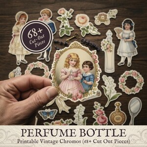 May include: A collection of vintage-style cut-out pieces, including illustrations of children, flowers, perfume bottles, and decorative elements. The image includes the text "PERFUME BOTTLE" and "68+ Cut-Out Pieces". The pieces are arranged on a wooden surface.