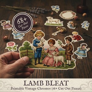 Könnte beinhalten: Eine Sammlung von Vintage-Ausschnitten mit Darstellungen von Kindern, Lämmern und floralen Elementen. Das Bild enthält eine runde Grafik mit der Aufschrift "68+ Cut-Out Pieces" und den Text "LAMB BLEAT Printable Vintage Chromos".