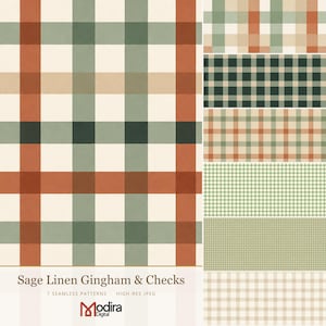 May include: A digital collection of seven seamless patterns featuring sage green, terracotta, and cream gingham and check designs. The text Sage Linen Gingham & Checks and Modira Digital is printed at the bottom of the display sheet.