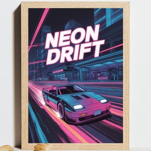 May include: A framed art print featuring a stylized illustration of a sports car speeding through a city at night. The artwork uses a vibrant color palette of pink, blue, and purple, with the text "NEON DRIFT" in bold white letters.