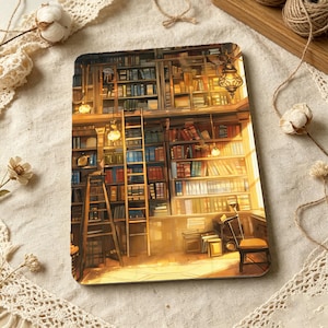 May include: A rectangular print featuring a detailed illustration of a multi-level library with tall wooden bookshelves filled with books, a rolling ladder, hanging lanterns, and a small stool, all bathed in a warm, golden, glowing light.