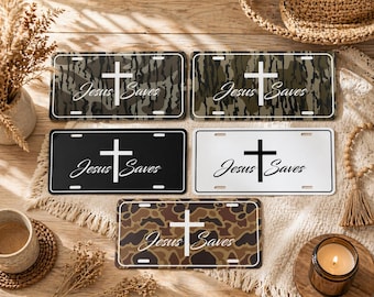 Jesus Saves Camo License Plate, Christian Cross Car Tag 12x6 Aluminum, Hunting Camouflage Truck Decor, Faith Based Auto Gift