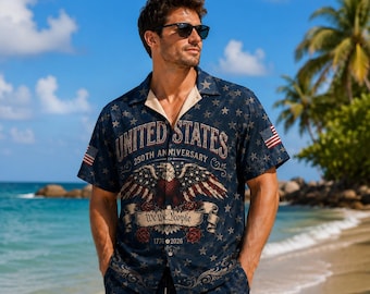 Retro USA 250th Anniversary Hawaiian Shirt & Shorts Set, Patriotic Eagle Beach Outfit, 4th of July 1776-2026 Freedom Gift for men