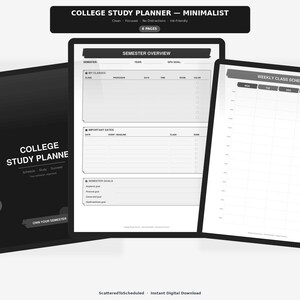 Puede incluir: Un planificador de estudios universitarios minimalista con una cubierta negra y páginas interiores blancas. El planificador incluye una descripción general del semestre y un horario de clases semanal. El texto en la portada dice "COLLEGE STUDY PLANNE".