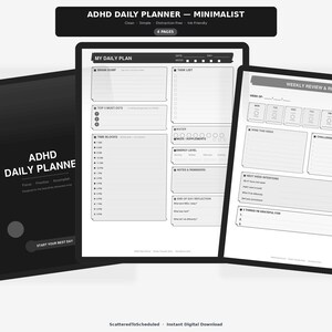 Könnte beinhalten: Ein minimalistischer täglicher ADHD-Planer in Schwarz und Weiß. Der Planer enthält Abschnitte für Tagespläne, Aufgabenlisten und Wochenübersichten. Der Text "ADHD Daily Planner - Minimalist" steht oben.