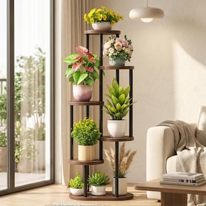 Soporte de madera de varios niveles para plantas, estante alto para plantas de interior para sala de estar y balcón, moderno expositor de macetas esquineras de varios niveles para exteriores.