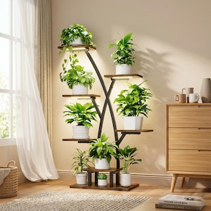 Inomhusväxtställ med odlingslampor, 7-våningars metallhylla för växter, hög krukhållare för flera blomkrukor för vardagsrum, modern hörndisplayhylla