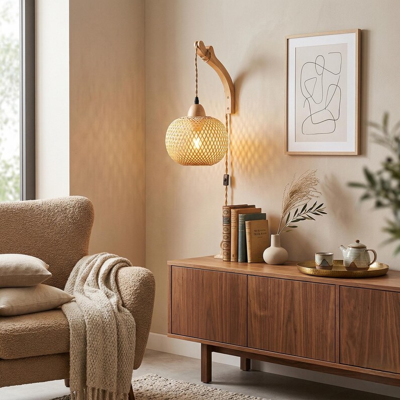 Bamboo Wall Sconce - Boho Rattan Sconce Light - Handwoven Wicker ...