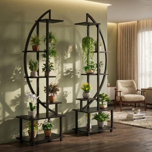 Puede incluir: Dos estanterías de metal negro para plantas con múltiples estantes y un diseño semicircular. Cada estantería contiene varias plantas en macetas, incluyendo variedades con flores y colgantes. Las estanterías están sobre ruedas.